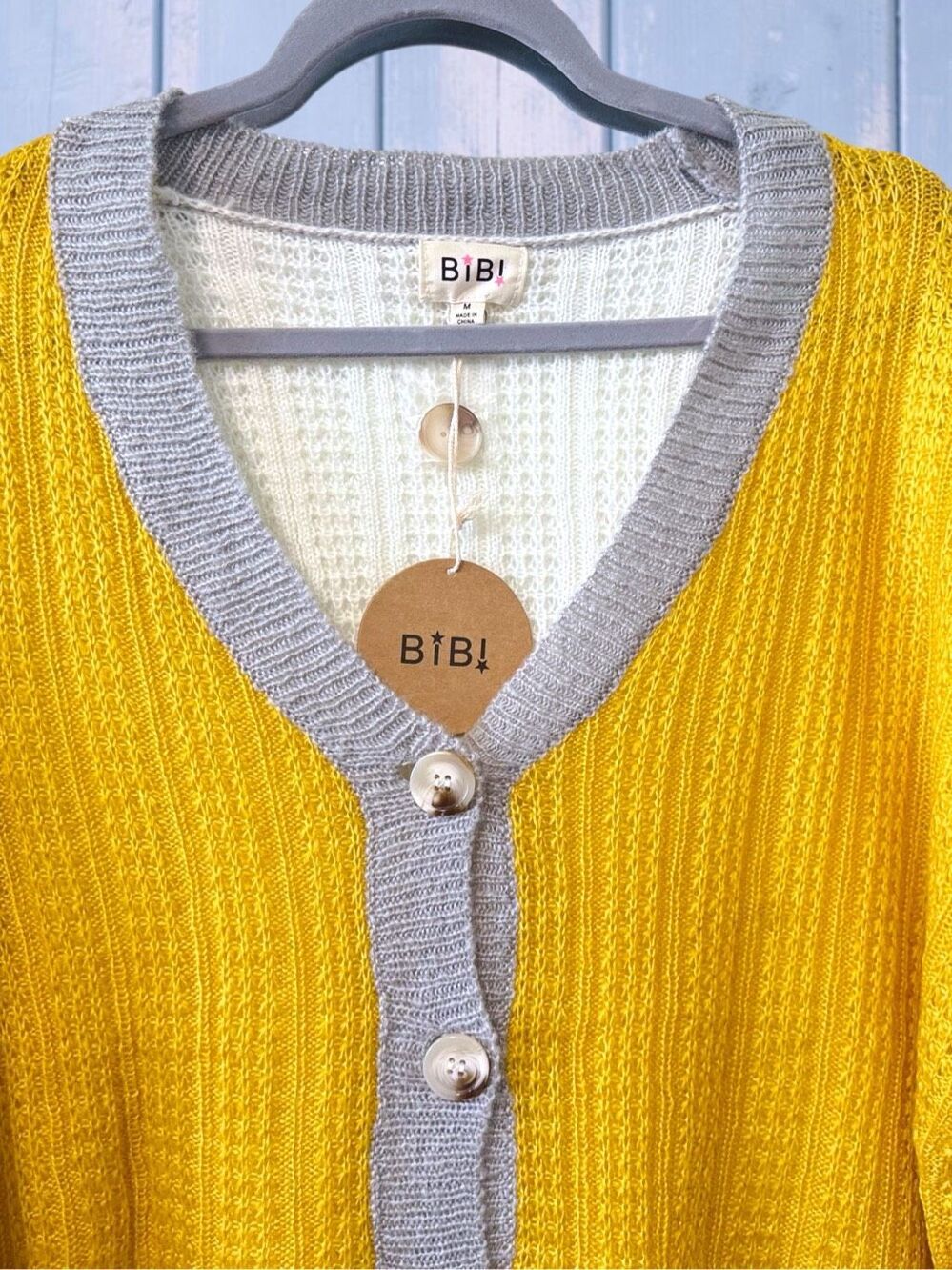 BiBi Mustard Color Block Button Cardigan Sweater | Oversized Cozy Knit | Pockets - Picture 13 of 14
